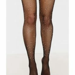 Shop Fortune Khloe Black Sparkle Glitter Crystalized Rhinestone Fishnet Tights Hosiery
