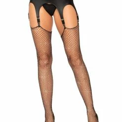 Leg Avenue Black Fishnet Thigh High Suspender Stockings With Rhinestones