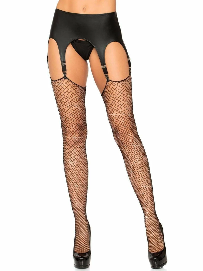 Leg Avenue Black Fishnet Thigh High Suspender Stockings With Rhinestones 1 Leg Avenue Black Fishnet Thigh High Suspender Stockings With Rhinestones