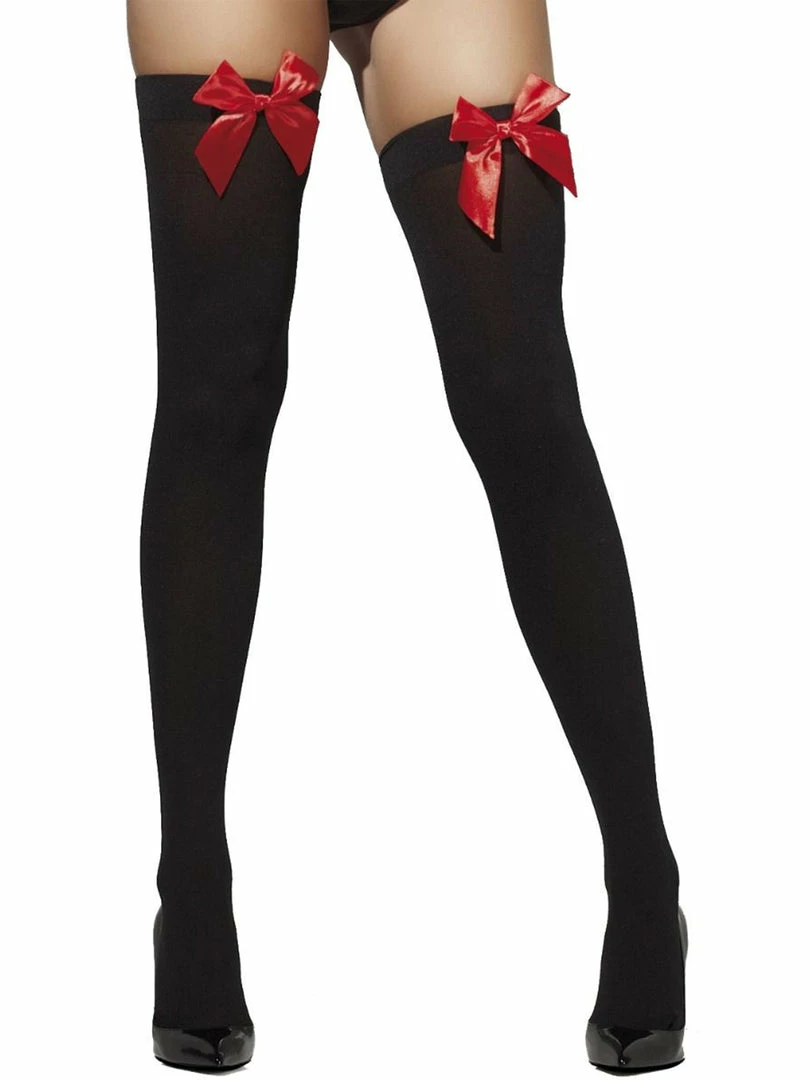 Fever Black Opaque Thigh Highs With Red Bows Christmas 2 Fever Black Opaque Thigh Highs With Red Bows Christmas