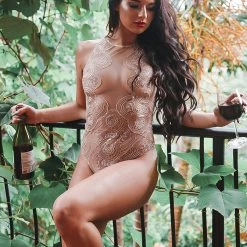 Dreamgirl Christmas Nude Sparkly Sheer Mesh Bodysuit Buff