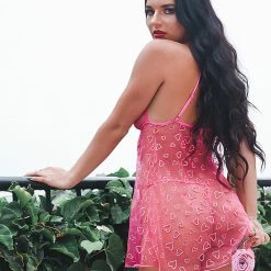 Dreamgirl Chasin Hearts 2-Piece Heart Embroidery Mesh Chemise Set Lingerie