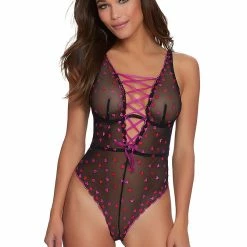 Dreamgirl Pretty Love Pink And Red Heart Embroidery Stretch Mesh Bodysuit