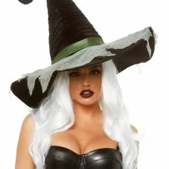 Leg Avenue Hocus Pocus Velvet Ruched Witch Hat With Green Trim & Gauze Detailng