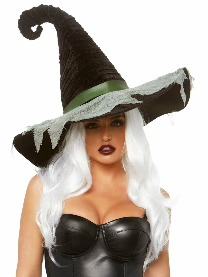 Leg Avenue Hocus Pocus Velvet Ruched Witch Hat With Green Trim & Gauze Detailng 1 Leg Avenue Hocus Pocus Velvet Ruched Witch Hat With Green Trim & Gauze Detailng
