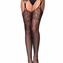 Leg Avenue Hello Gorgeous Lace Top Fishnet Stockings With Lace Foot & Attached Garter Belt Hosiery