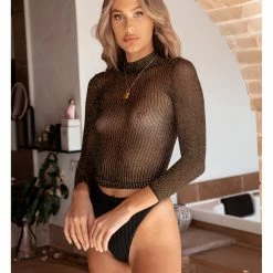 Leg Avenue Showstopper Shimmer Gold Black Lurex Long Sleeved High Neck Lingerie Top