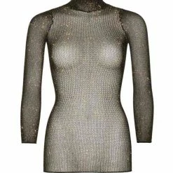 Leg Avenue Showstopper Shimmer Gold Black Lurex Long Sleeved High Neck Lingerie Top