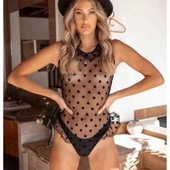 Leg Avenue Lingerie Baby Wants My Heart Ultra Sheer Ruffled Heart Teddy Bodysuit