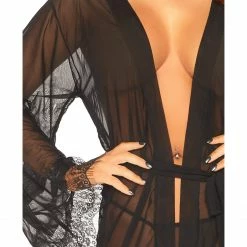 Leg Avenue Pretty Gift Wrapped Short Sheer Black Lace Robe Lingerie