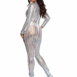 Leg Avenue Cyber Girl Laser Cut Silver Metallic Catsuit