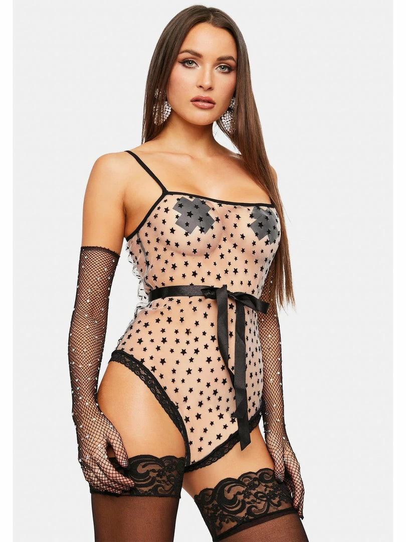 Leg Avenue Starry Eyed Sheer Flocked Star Print Bodysuit 1 Leg Avenue Starry Eyed Sheer Flocked Star Print Bodysuit