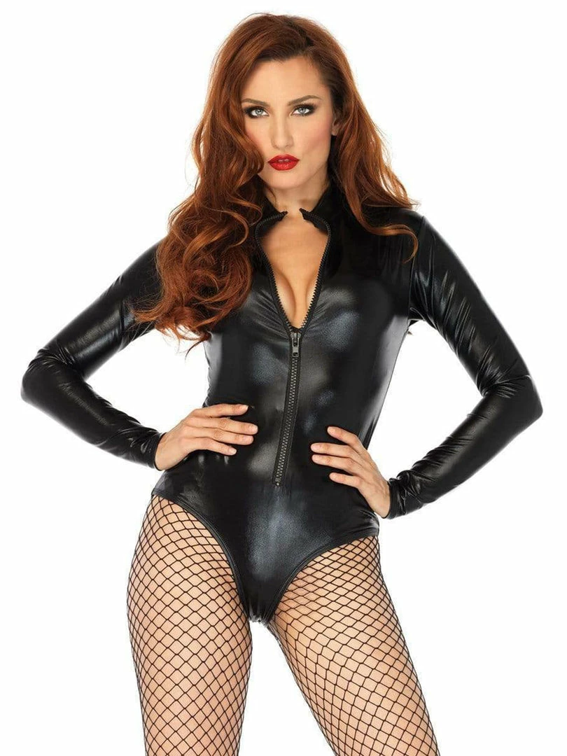 Leg Avenue Black Wetlook Lame Zip Front Bodysuit Costumes 1 Leg Avenue Black Wetlook Lame Zip Front Bodysuit Costumes