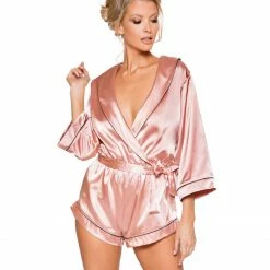 Roma Costumes Midnight Lounging Collared Pink Satin Romper
