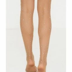 Shop Fortune Kendall Nude Sparkle Glitter Crystalized Rhinestone Fishnet Tights
