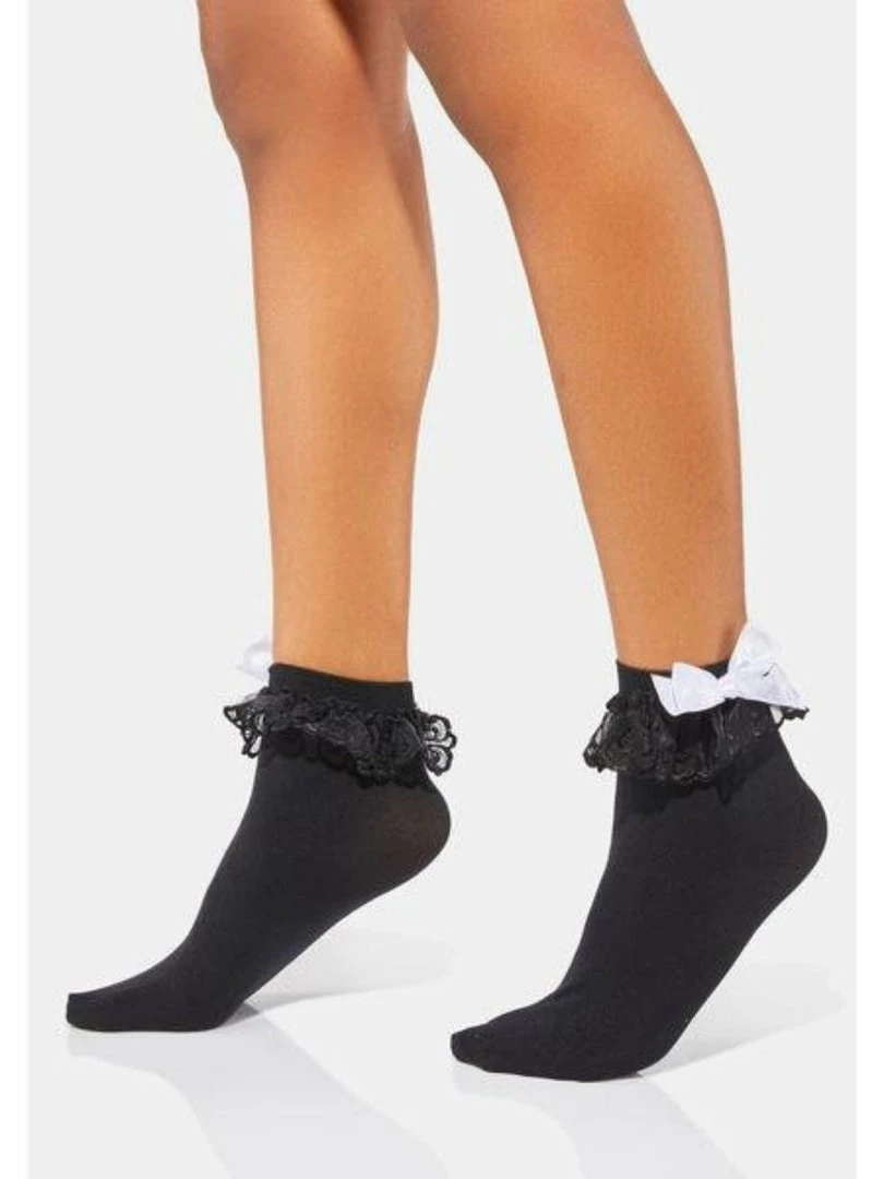 Shop Fortune Costumes Lingerie Gothic Lolita Black Ruffle Ankle Socks With White Bow 3 Shop Fortune Costumes Lingerie Gothic Lolita Black Ruffle Ankle Socks With White Bow