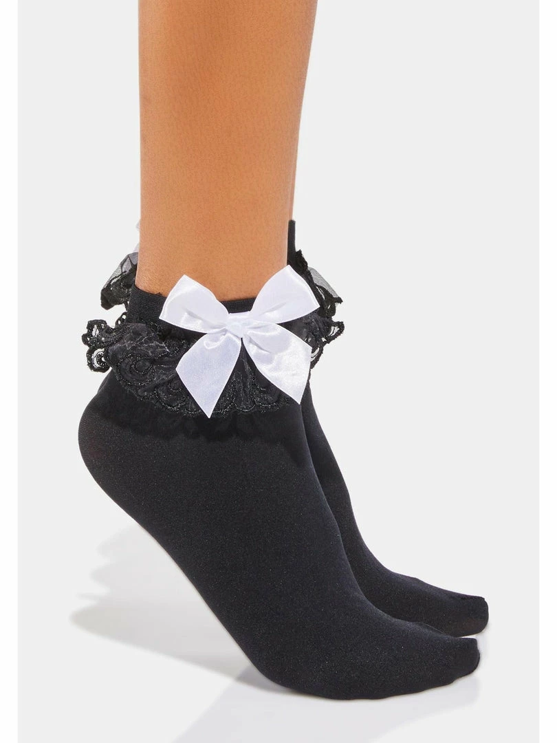 Shop Fortune Costumes Lingerie Gothic Lolita Black Ruffle Ankle Socks With White Bow 1 Shop Fortune Costumes Lingerie Gothic Lolita Black Ruffle Ankle Socks With White Bow