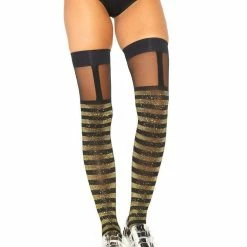 Leg Avenue Gold And Black Shimmer Striped Thigh Highs 5 Leg Avenue Gold And Black Shimmer Striped Thigh Highs