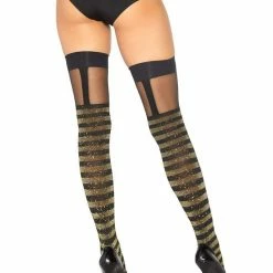 Leg Avenue Gold And Black Shimmer Striped Thigh Highs