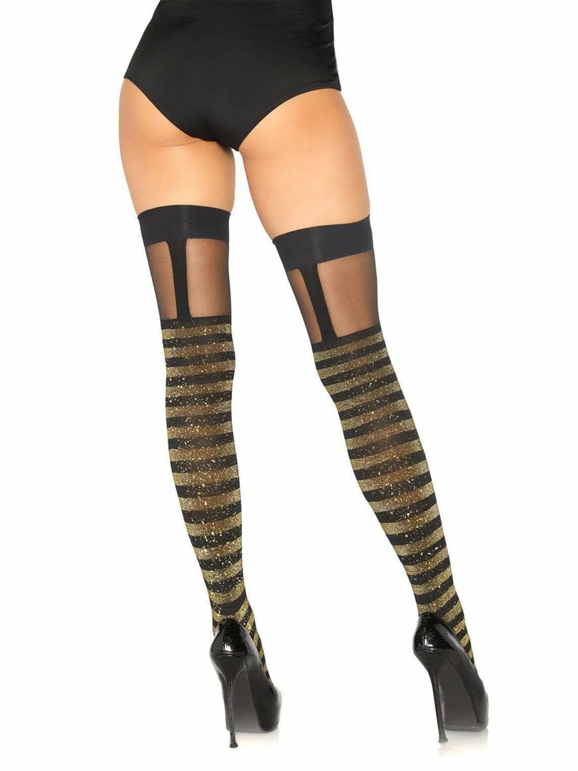 Leg Avenue Gold And Black Shimmer Striped Thigh Highs 2 Leg Avenue Gold And Black Shimmer Striped Thigh Highs